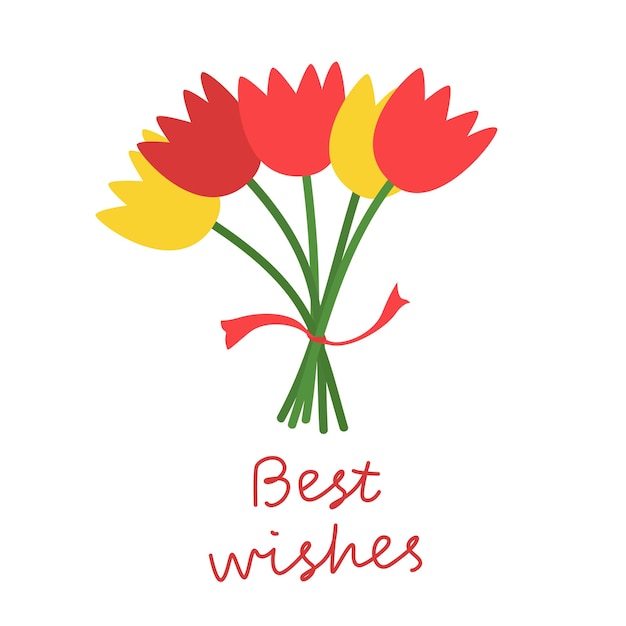 Bouquet of tulips greeting card minimalism flat style flowers illustration with best wishes inscription