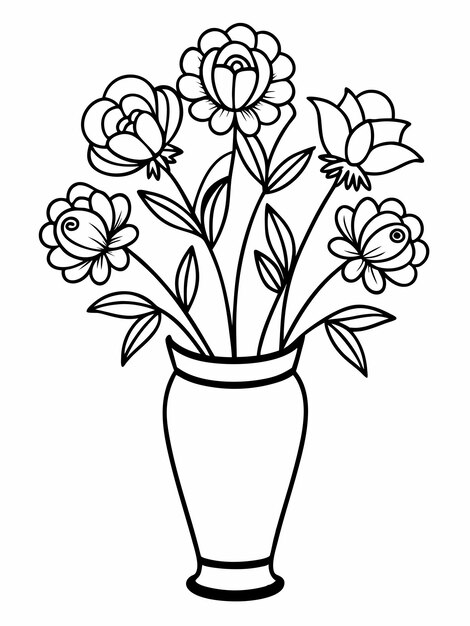 Vector bouquet in a vase colouring book pages for children and adults with vector design