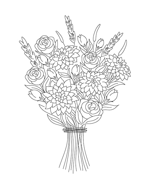 Bouquet with garden and wild flowers vector doodle illustration