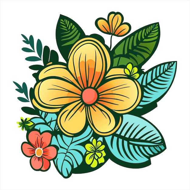 Bouquet with tropical flowers yellow petals tropical leaves and floral elements on white Vector