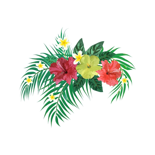 Bouquet with tropical plants Set with palm leaves and flowers Vector