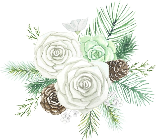 Bouquet with white roses succulents spruce branches watercolor illustration