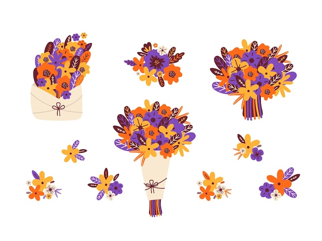 Bouquets of flowers and flower arrangements vector set Spring and summer floral elements buds leaves Hand drawn vector illustration in Scandinavian style