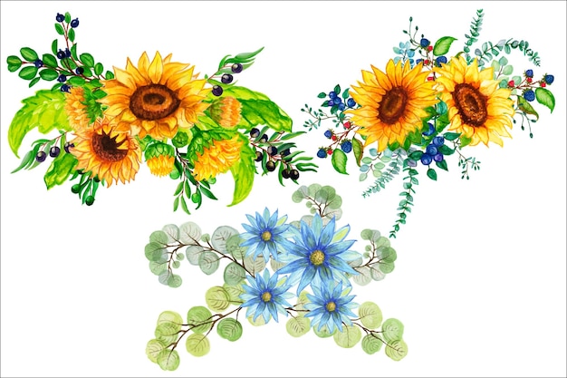 Bouquets of multicolored flowers are red roses yellow sunflower blueFlower arrangementsWatercolo