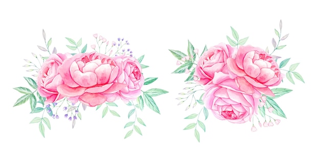 Bouquets of pink peonies in watercolor