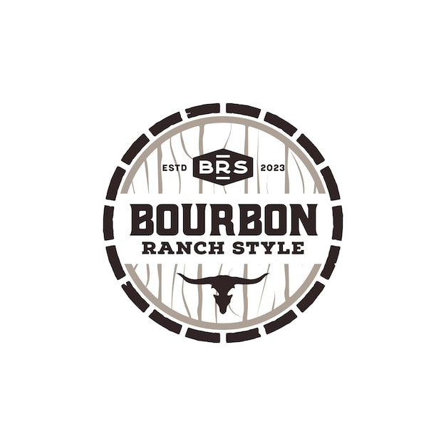 Bourbon Wooden Barrel Keg with Bull Buffalo Longhorn Skull for Classic American Beer Logo Design