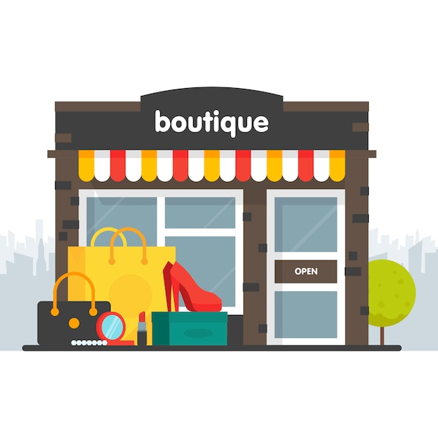 Boutique facade. Illustration of a boutique in a  style. Box and shopping bag clothing, shoes, heels, cosmetics.  illustration