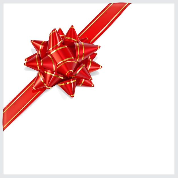 Bow of red ribbon with gold stripes with shadow on white background. Located diagonally