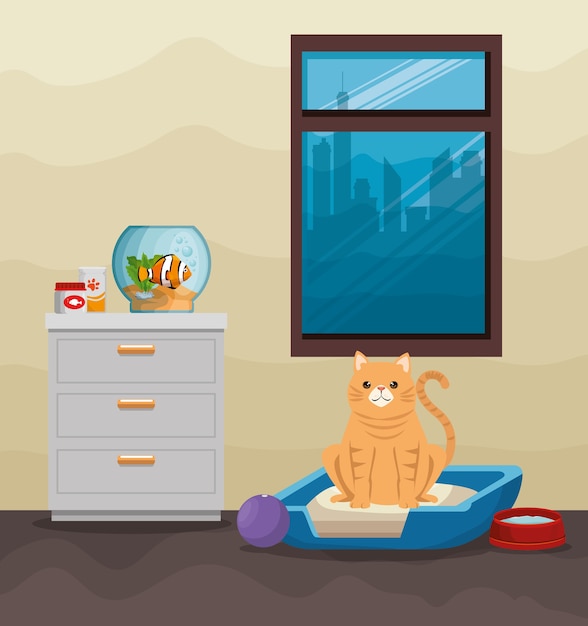 Vector bowl aquarium with fish and cat