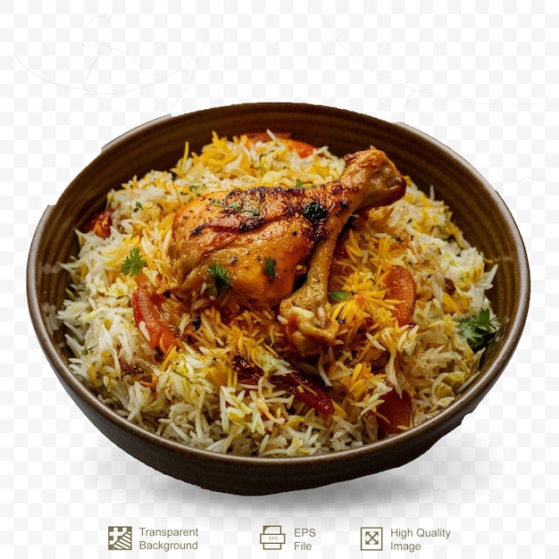 A bowl of biryani with chicken pieces isolated on white background