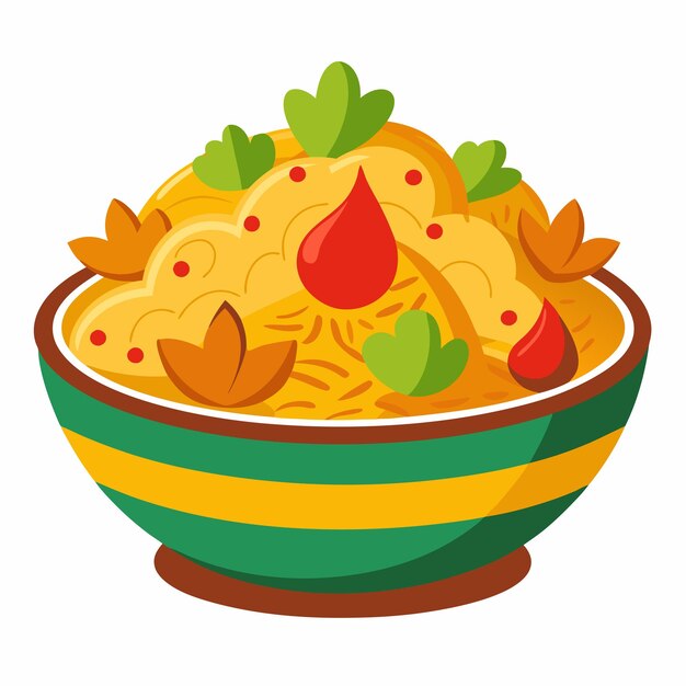 Vector a bowl of biryani with chicken pieces vector design white background