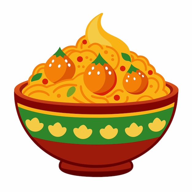 A bowl of biryani with chicken pieces vector design white background