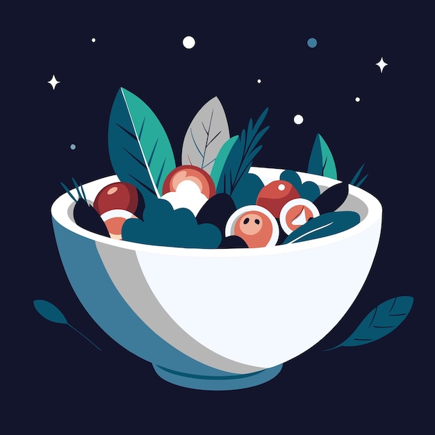 Vector a bowl of cherries with a blue background with a picture of a strawberry and leaves