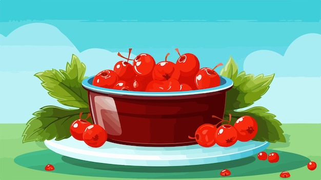 a bowl of cherries with a plate of food on the table