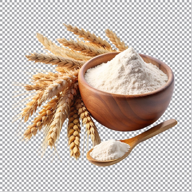 Bowl of flour with wheat ears on a white background