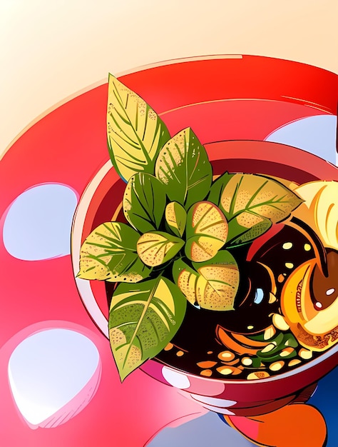 a bowl of food with a plant and a bowl of food