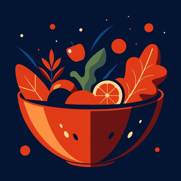 Vector a bowl of fruit and vegetables with a lemon wedge in the middle