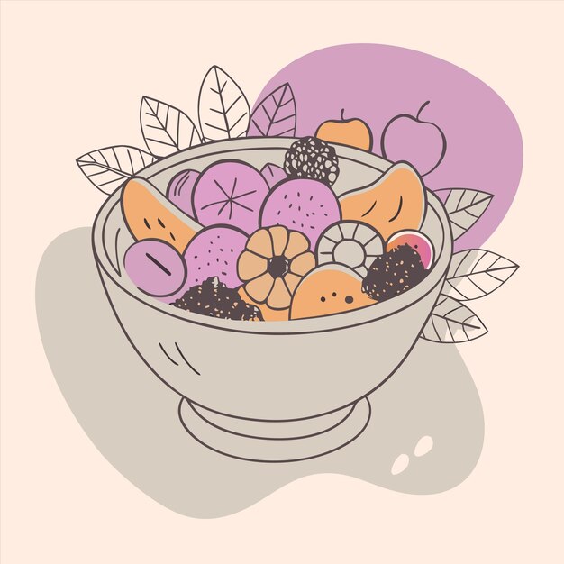 Vector a bowl of fruit with a purple background with a pink flower on the bottom