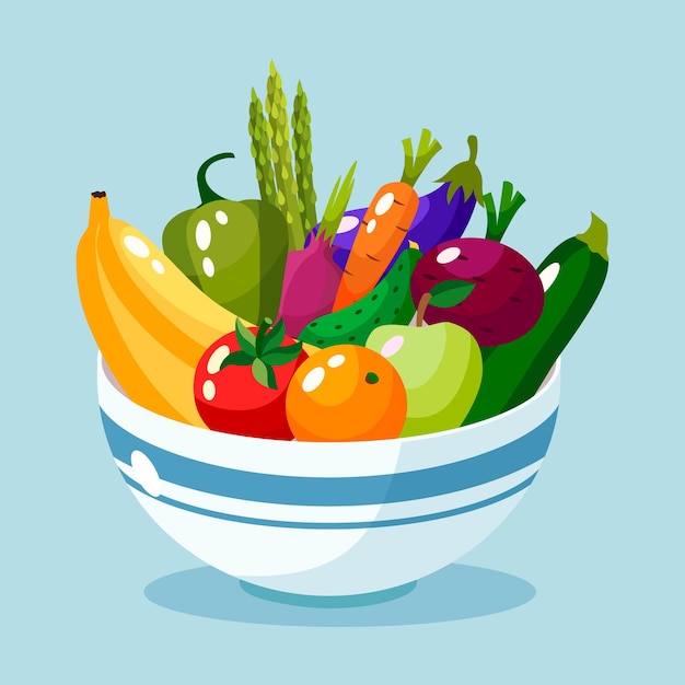 Bowl full of vegetables and fruits illustration.