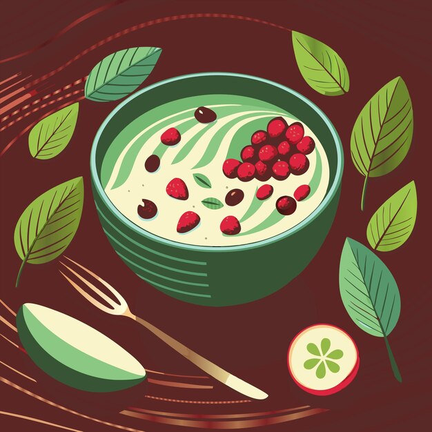 Vector a bowl of green liquid with berries and berries on it