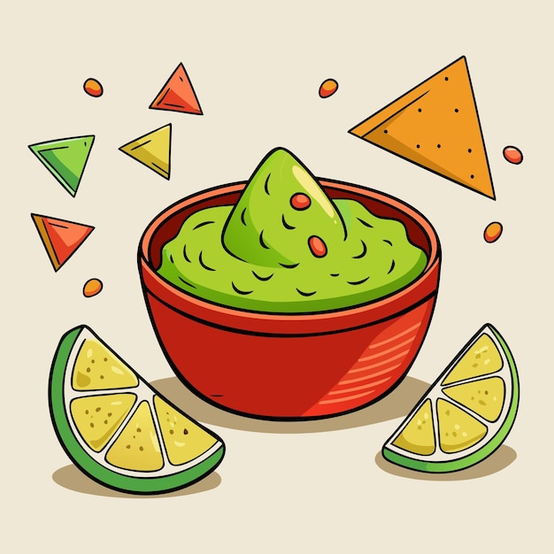 Vector a bowl of guacamole with a bowl of limes and a triangle