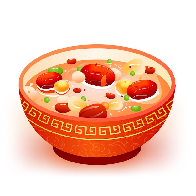 A bowl of Laba porridge with red dates, lotus seeds and various dried fruits, vector illustration