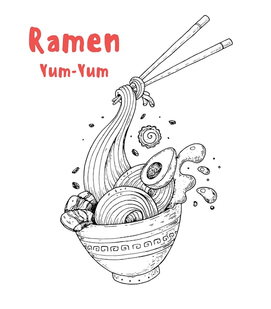 Bowl noodles and chopsticks sketch Ramen Asian food Korean cuisine Hand drawn vector illustration