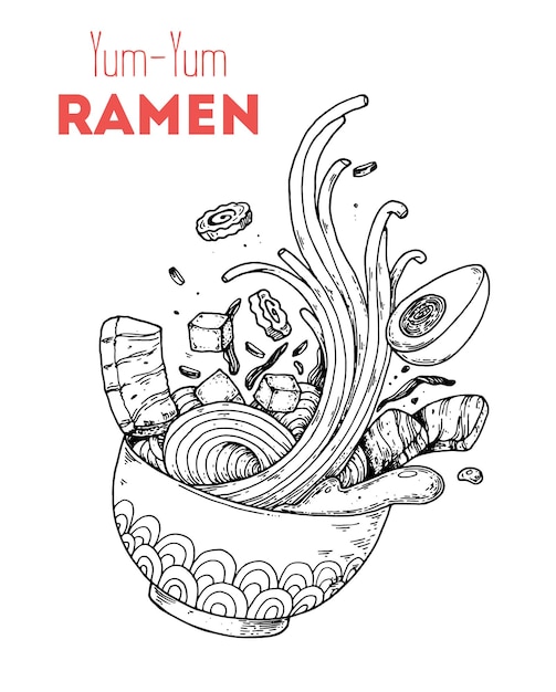 Bowl noodles and chopsticks sketch Ramen Asian food Korean cuisine Hand drawn vector illustration