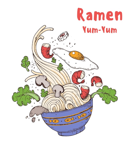 Bowl noodles Ramen Asian food Korean cuisine template Hand drawn vector illustration