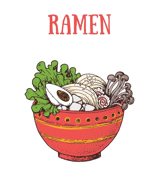 Bowl noodles Ramen Asian food Korean cuisine template Hand drawn vector illustration