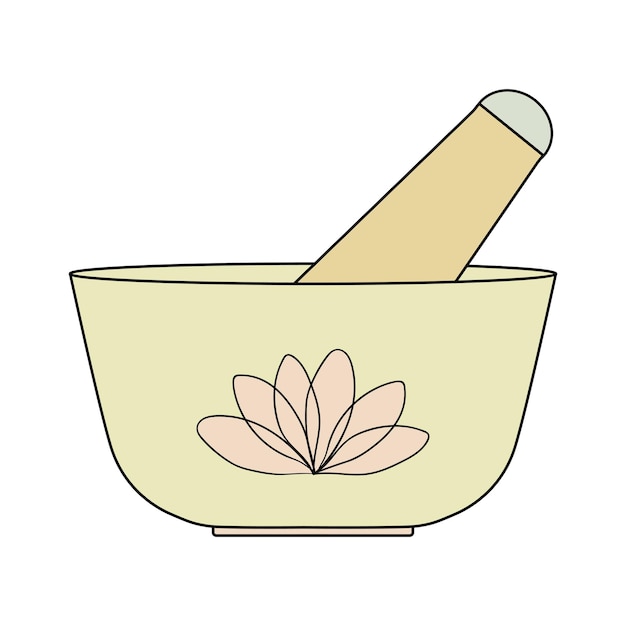 Bowl and pestle for grinding herbs and ingredients for homemade cosmetics Colored simple icon Cosmetic product face care