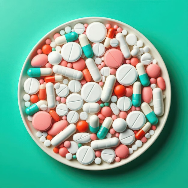 Vector a bowl of pills with a green background with a white bowl with many different pills