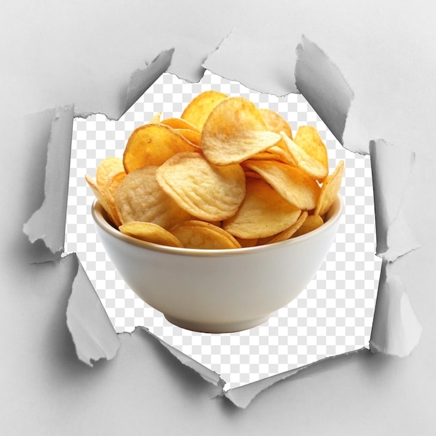 Vector a bowl of potato chips is in a white bowl