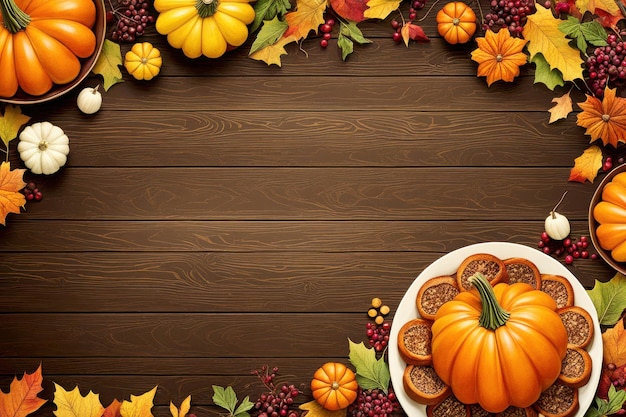 Vector a bowl of pumpkins and grapes on a wooden background