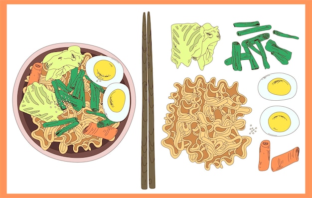 A bowl of ramen and chopsticks Sketch Vector illustration Chicken Thukpa noodle soup ingredients recipe Engraved style Noodles in bowl Asian fast food noodle soup Tom Yam Fo Udon Kimchi