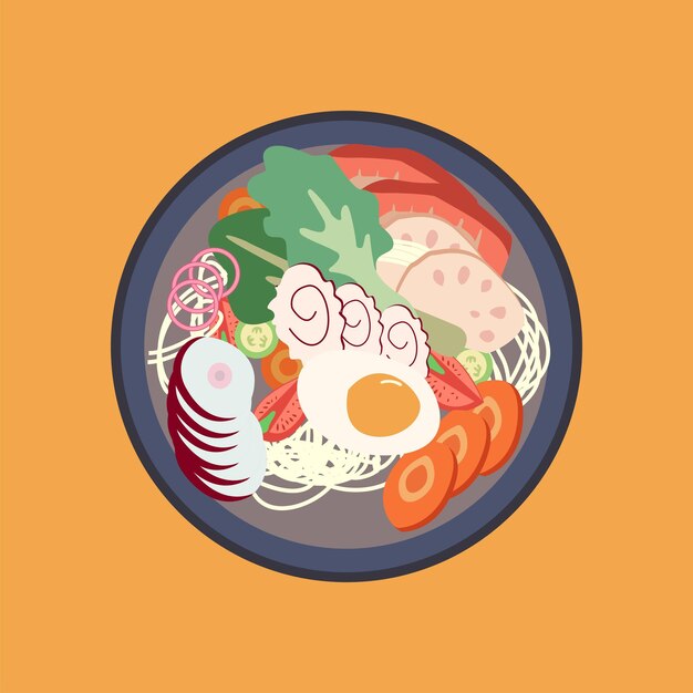 Vector a bowl of ramen with eggs and vegetables on top