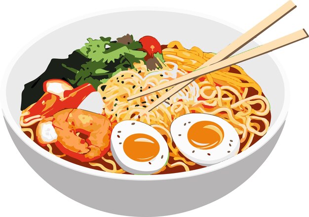 A bowl of ramen with eggs and vegetables