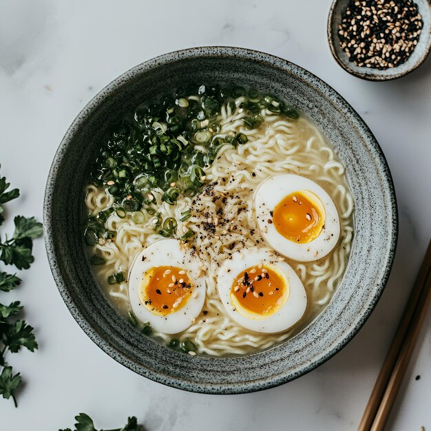 Vector a bowl of ramen with softboiled eggs