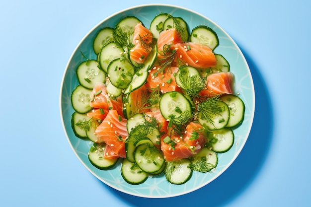 Vector a bowl of salmon and cucumber is on a blue table