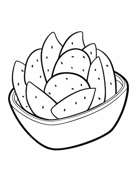 a bowl of sliced fruit with a black and white drawing of a strawberry