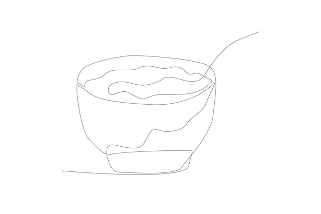 A bowl of soup with spoon line art