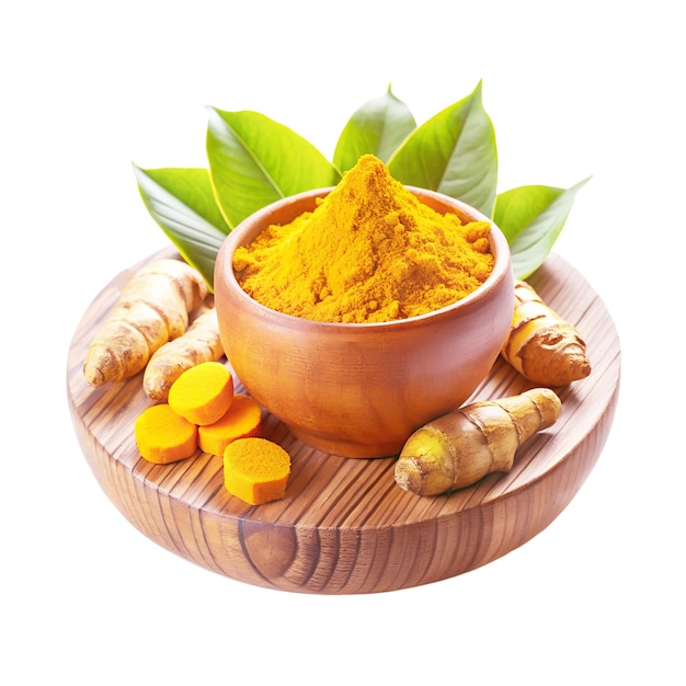 Vector a bowl of turmeric is on a wooden tray with a bowl of spices