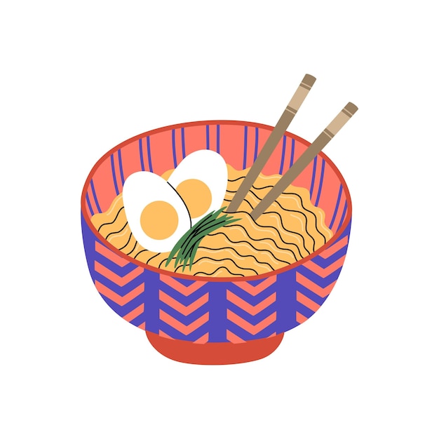 Bowl with ramen noodle soup and chopsticks. Hot meal with eggs. Traditional popular asian food