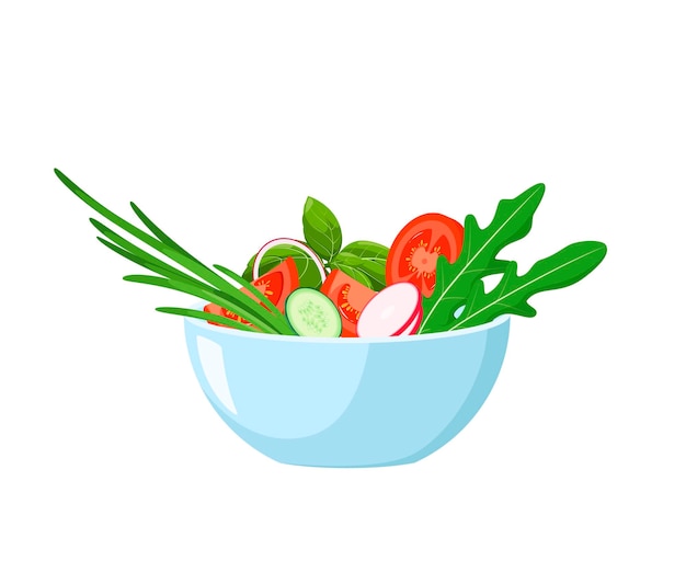 Bowl with salad on a white background. Healthy nutrition. Cartoon design.