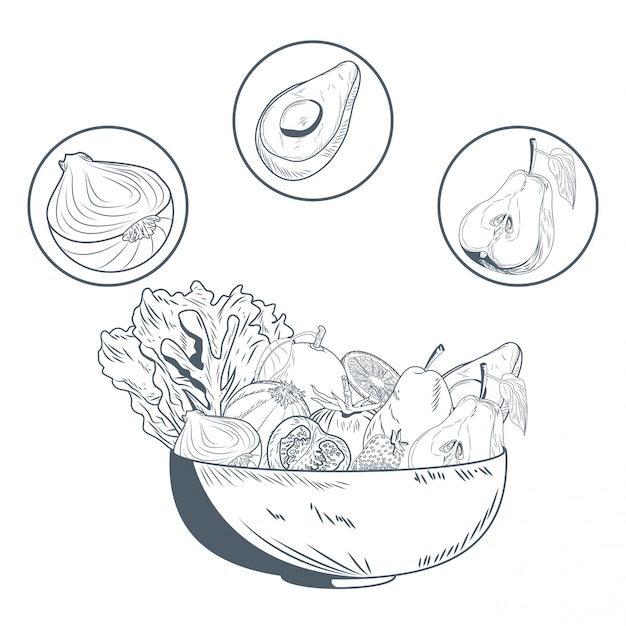 Vector bowl with vegetables and fruits hand draw