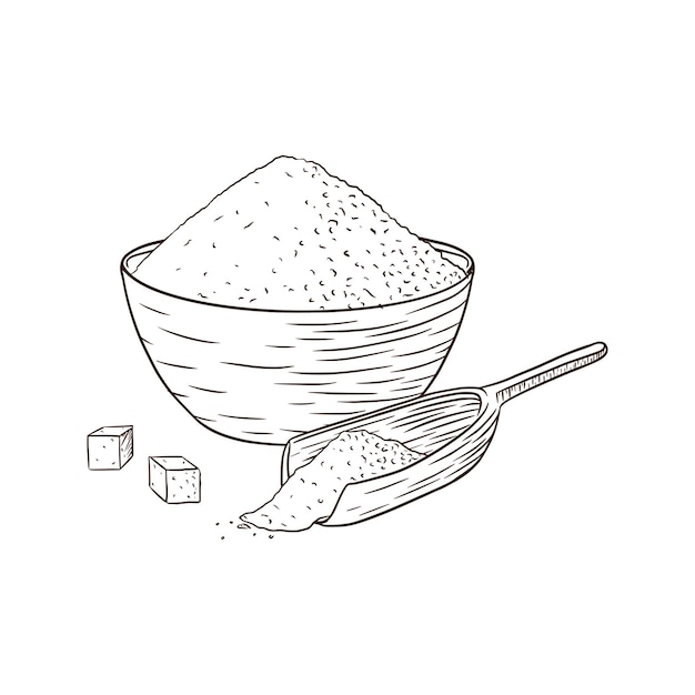 Bowl and Wooden Scoop with Sugar. Engraved Illustration. Line Art. Hand drawn bowl with white grains for logo, recipe, print, sticker, bakery menu design and decoration