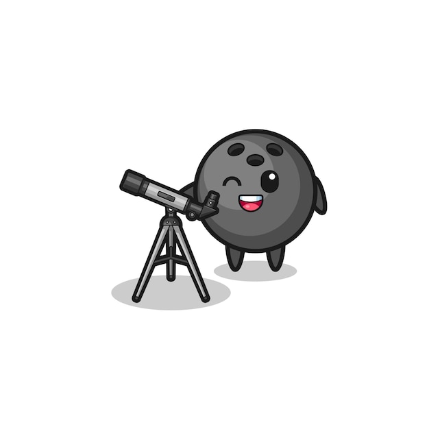 Bowling astronomer mascot with a modern telescope , cute design