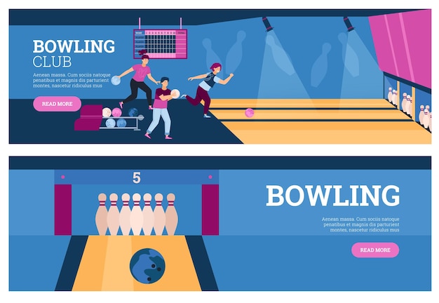 Bowling banners with game pins and ball and people flat vector illustration