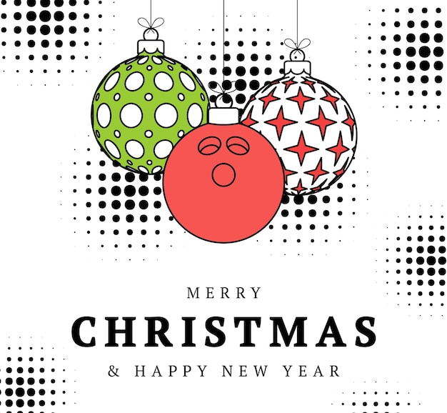 Bowling christmas greeting card in trendy line style Merry Christmas and Happy New Year outline cartoon Sports banner bowling ball as a xmas ball on white background Vector illustration