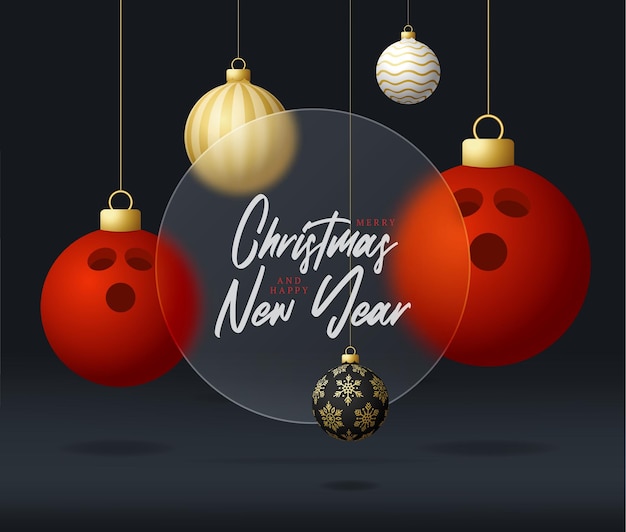 Bowling Christmas sale banner or greeting card happy new year and merry christmas sport banner with glassmorphism glassmorphism or glass morphism blur effect Realistic vector illustration